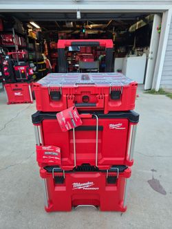 Milwaukee Packout Stack; Rolling Packout Tool Box,  Packout Single Drawer,  Packout Deep Organizer