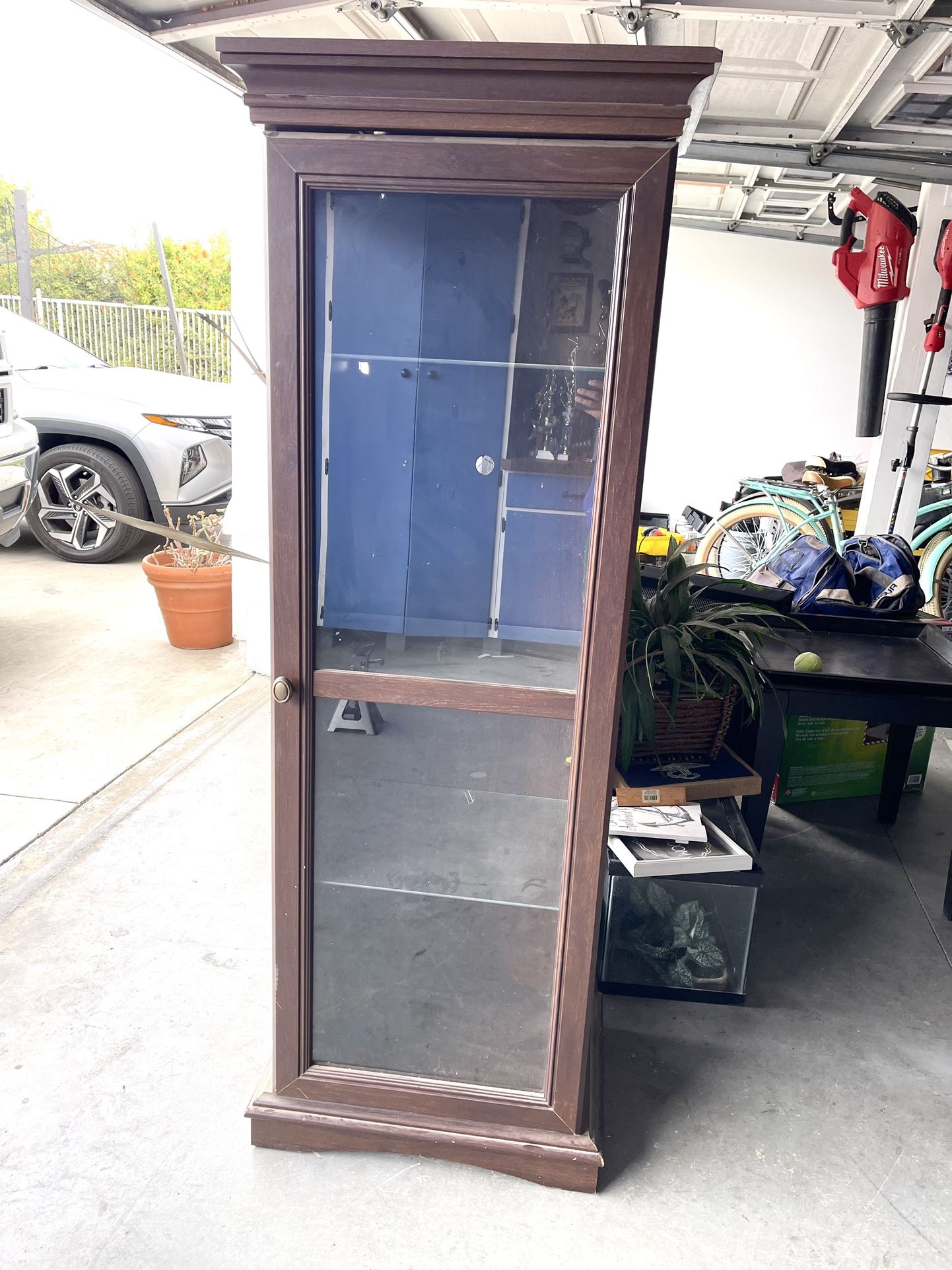 Tall Curio Cabinet Glass Shelves Lights Dark Wood