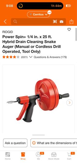 RIDGID Power Spin+ 1/4 in. x 25 ft. Hybrid Drain Cleaning Snake Auger (Manual or Cordless Drill Operated, Tool Only)