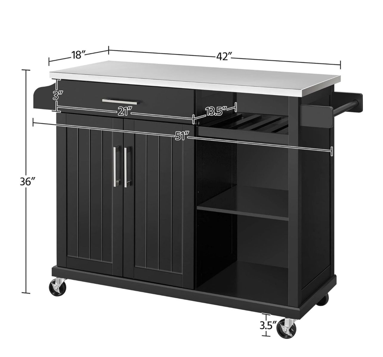 Kitchen Cart with Stainless Steel Top and Storage Cabinet,