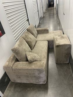 Beige Corduroy Sectional Sofa with Ottoman