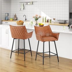 Modern Bar Chair with Metal Legs PU Leather Counter Stools with Mid-back and Armrest for Kitchen Island Bar Counter Brown