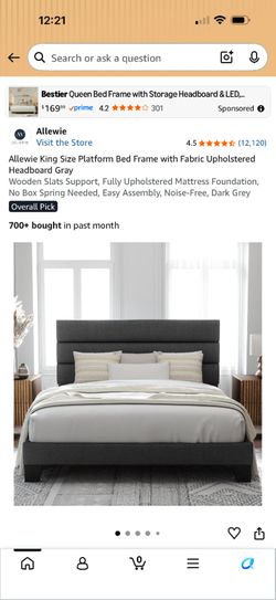 Art of Living King Size Upholstered Platform Bed Frame – Dark Grey