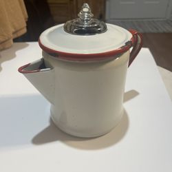 Vintage  White Enamelware Glass Top Coffee Pot Percolator Red Trim