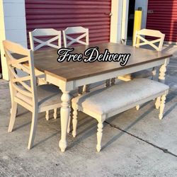 Large Dining Set Table Bench and 4 Chairs Off-White See photos and details