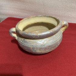 Vintage Hand-Carved Ceramic Pot Vessel w/ Dual Handles Tribal Geometric Design