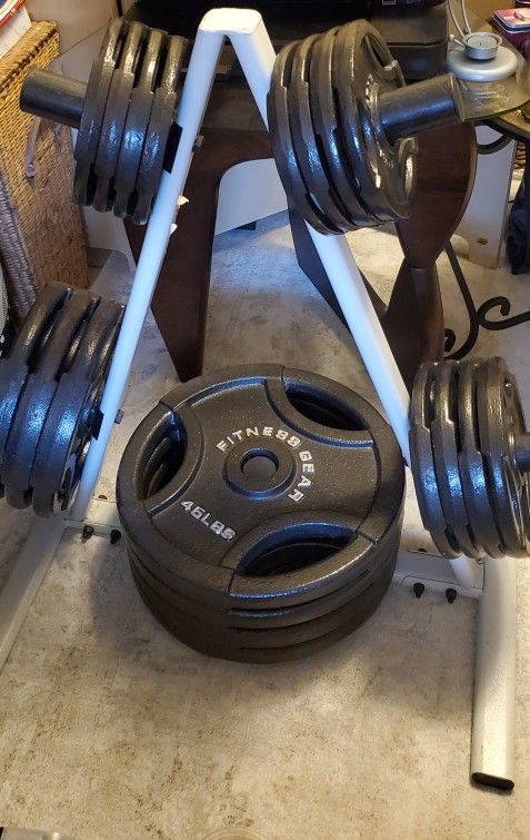 BARBELL W/335 LBS & WEIGHT RACK