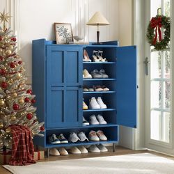 Shoe Cabinet with Cross Molding Doors, 6-Tier Storage, Blue 45'' Tall Shoe Storage Organizer with 3 Adjustable Shelves & Metal Legs, Freestanding Wood