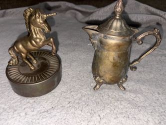 Brass Unicorn Figurine and Silver-Tone Creamer Set
