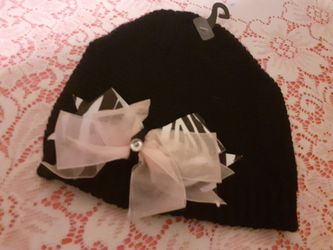 Boutique Black Beanie with Light Pink & Zebra Bow