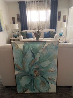 Large Abstract Teal & Gold Floral Canvas Wall Art — Gold Frame (30" x 39")