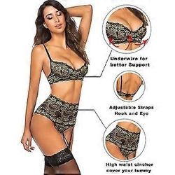 Women's Lingerie Set with Garter Belt, Two Piece Lace Bra and Panty Set, Strappy Babydoll, Underwear Set,