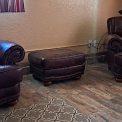 Two Leather Chairs  & Ottoman 