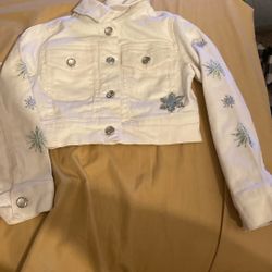 Disney Store Frozen White Cropped Denim Jacket Coat Silver Snowflakes Gems Elsa