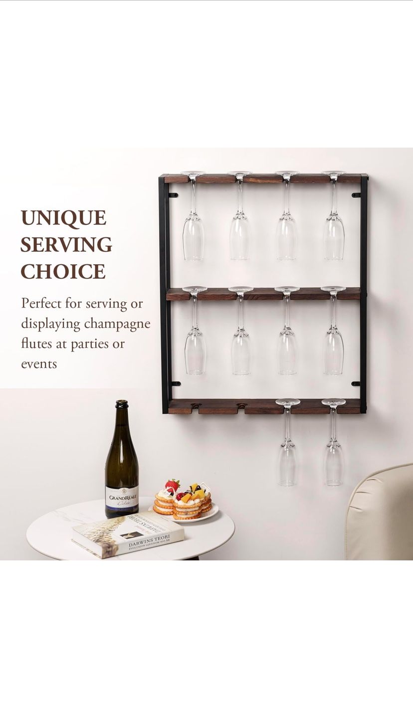 3 Tier Wine Glass Holder, Wall Mounted Rustic Burnt Solid Wood and Industrial Matte Black Metal Hanging Stemware Storage Display Rack with 12 Slots