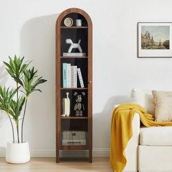 Narrow Arched Bookcases with 5 Adjustable Shelves, Wooden Bookshelf wih Glass Door for Living Room Office, Walnut
