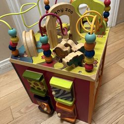 Wooden Activity Cube - Zany Zoo: Educational Play with Animals, Spinners, Bead Rollercoaster, Functional Doors