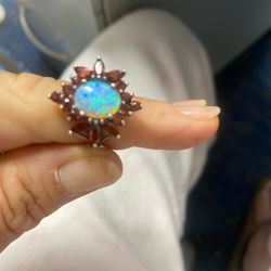 Sterling silver opal and garnet cocktail ring