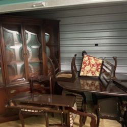 Antique China Cabinet With Triple serpentine Curvy Glass. Very RARE! Bonus Items Included: Dinette And 8 Chairs + 2 Leafs. Everything Seen- One Price