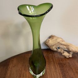 Vintage ASEDA Sweden Art Glass Green Square Base Mid Century 12.5” Handmade Vase