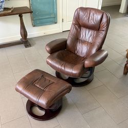 Leather Swivel Recliner Chair with Ottoman Brown MCM Style