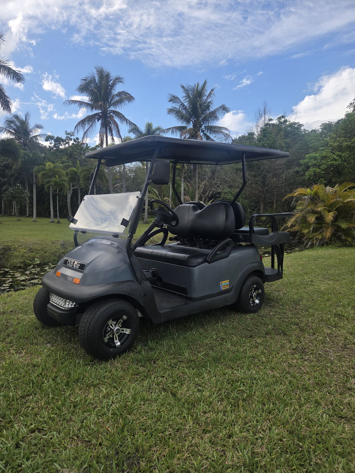 Club Car Precedent Golf Cart 48 volt, High Speed motor, extended roof double take rear seat kit that flips into flat bed
