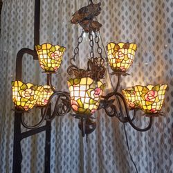 Very Large And Very Heavy Cast Iron Stained Glass Stiffel Chandelier
