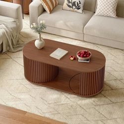 47" Multi-Functional Coffee Table with Storage, Oval Coffee Table with Vertical Striped Sliding Door & Round Base, Mid-Century Modern Center Table wit