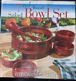 Brand New Bamboo Dark Cherry Salad Bowl Set