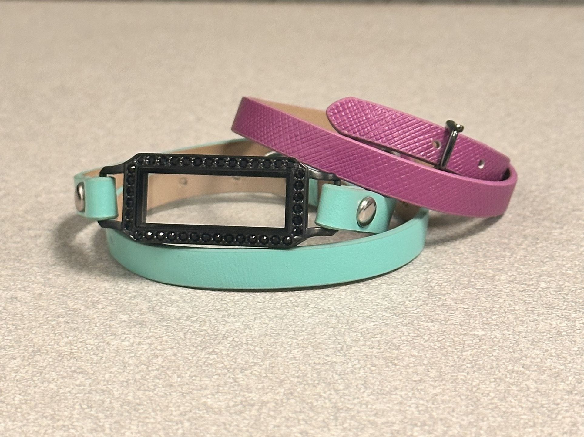 TWO Origami Owl Double Wrap Leather Wraps (Magenta/Aqua) w/Black Crystal Locket