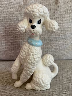 Vintage 1960s POODLE DOG Ceramic Figurine 11" Jeweled Collar Rhinestone