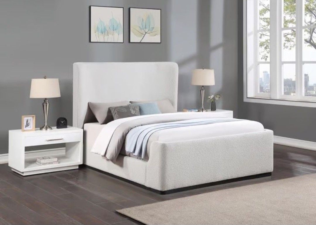 Brand New Cream Boucle Fabric Queen Size Bed Frame