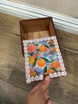 Vintage storage box 5.5” x 6.5” x 3.5” with lace and mandarin decor wooden box
