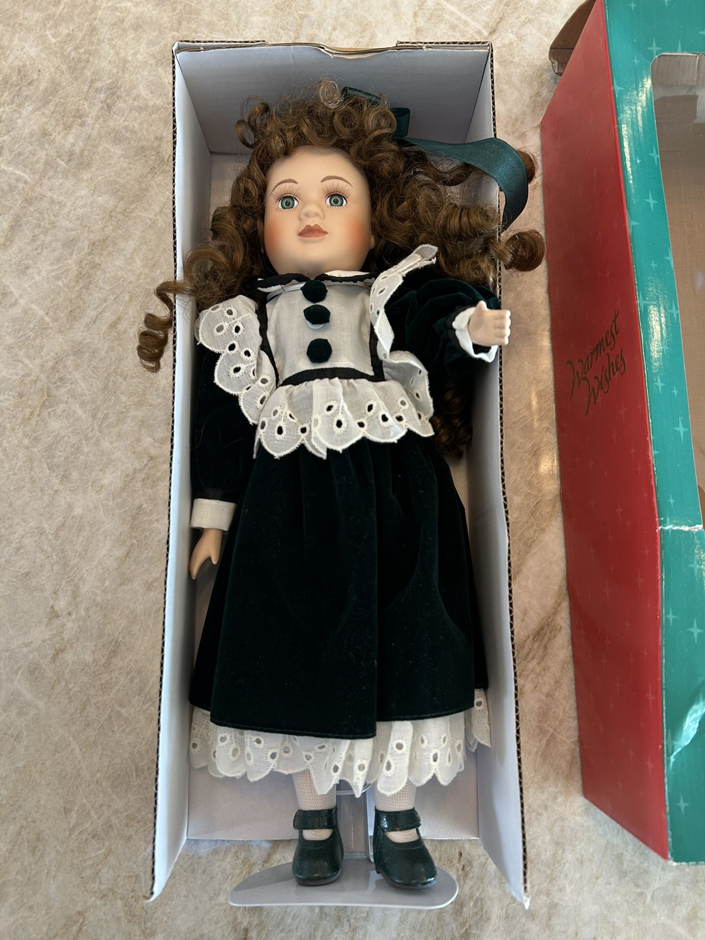 Christmas Doll- 16” Porcelain Face in Holiday Dress.