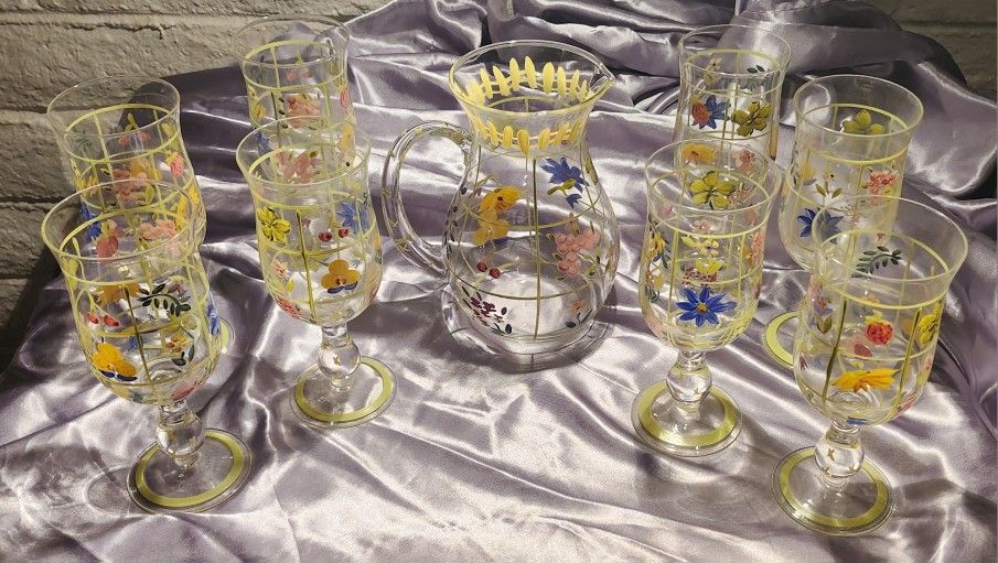 8 Vintage Tracy Porter Hand Painted Water Glasses & Pitcher