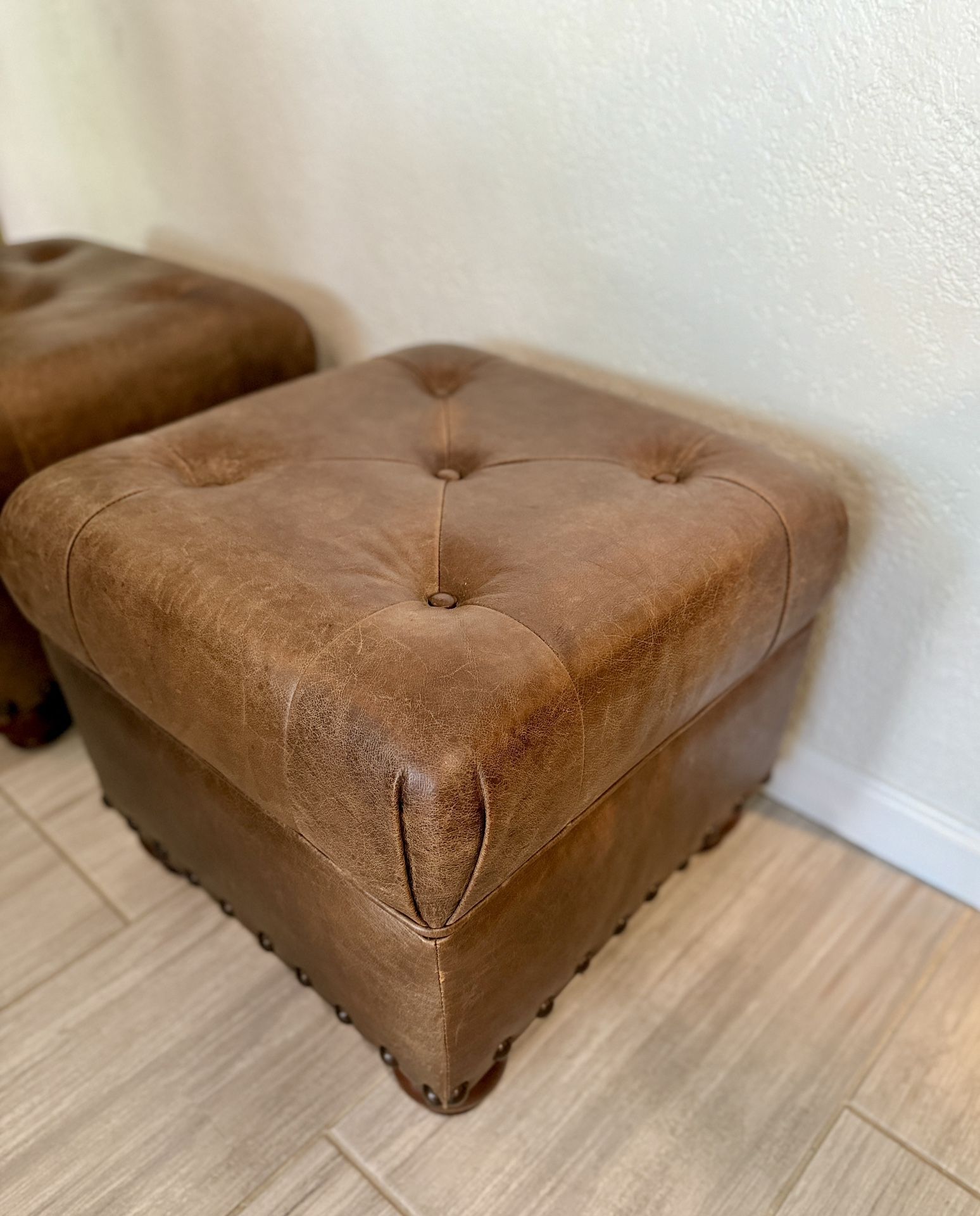 Brown Leather Tufted Ottomans