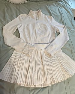 White Athletic Zip-Up Jacket and Pleated Skirt Set