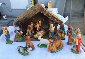 Vintage Italian Nativity Scene Set with Stable