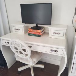 Wood Desk  /  Vanity &  Swivel Chair New Upholstery White Leather 