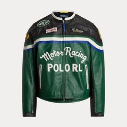 Ralph Lauren Leather Café Racer Jacket Vintage Tennis Green Multi Color