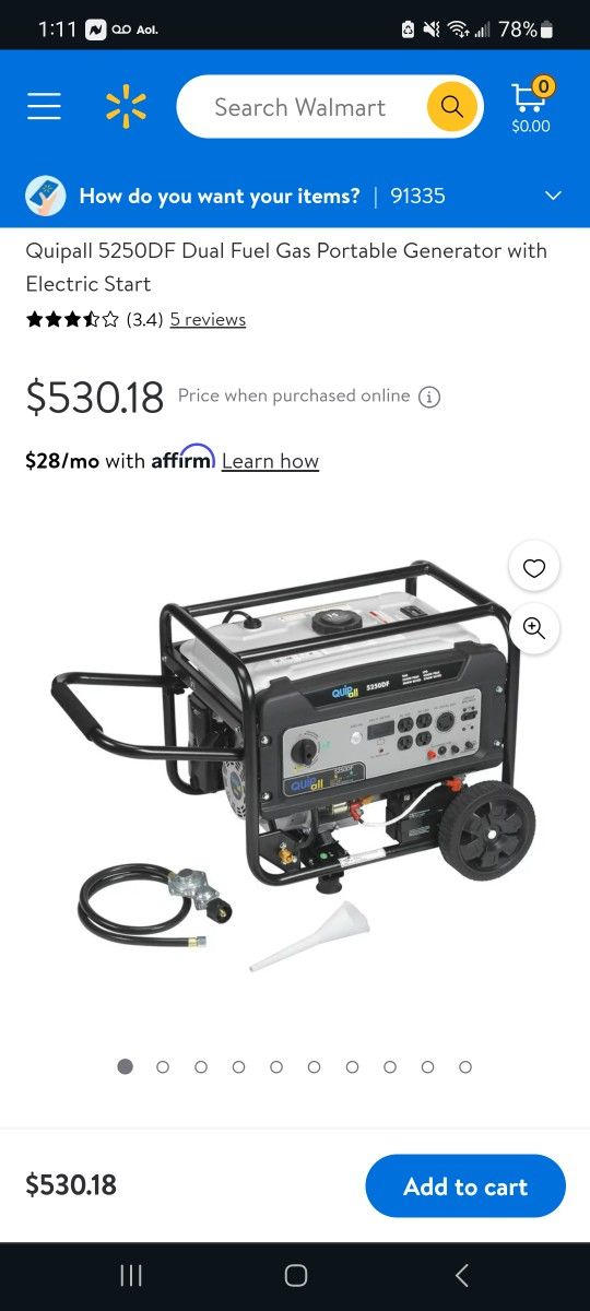 Quipall 5250DF Dual Fuel Gas Portable Generator with Electric Start $400