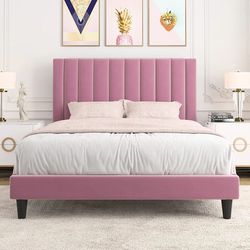 Brand New! Allewie Queen Size Pink Velvet Platform Bed Frame