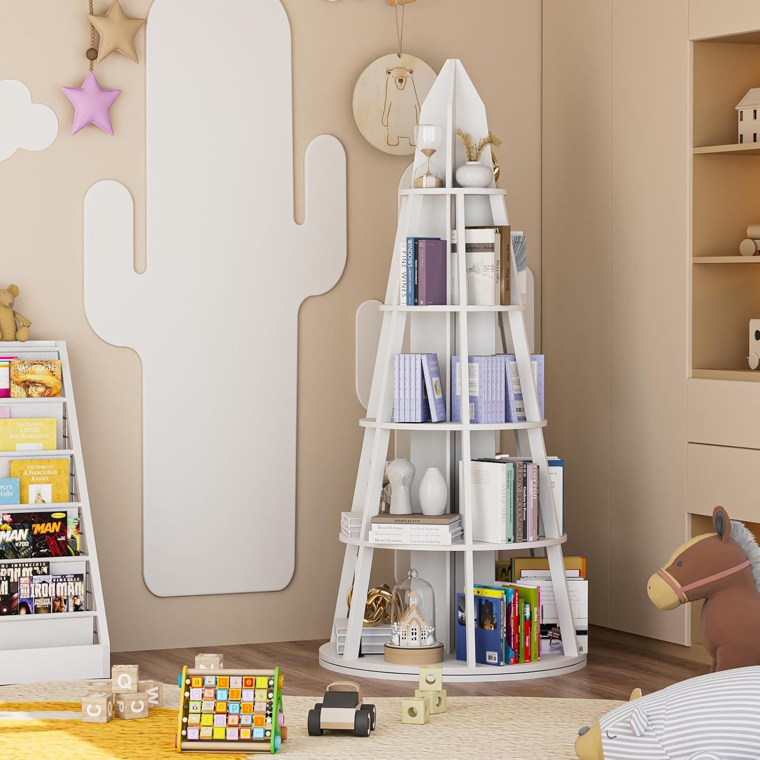 New White 5 Tier Spinning Bookshelf Tower