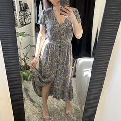 Mason & Belle Blue Purple Floral Fit & Flare Midi Dress Button Pleated M