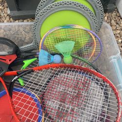 Bin Of Toys Nerf Guns Bullets And Tennis Rackets And More 