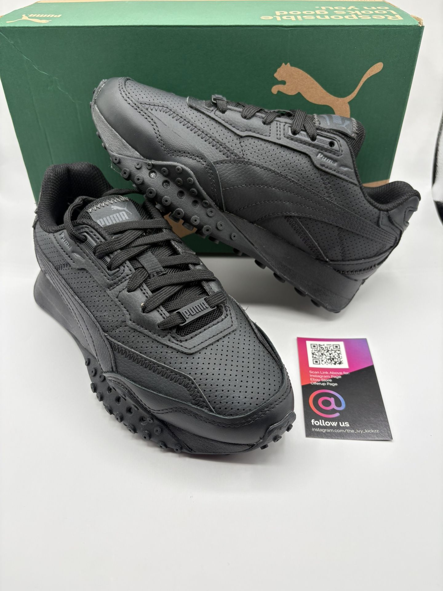 New Puma Junior Blacktop Rider Leather Jr Sneaker Black Size 4