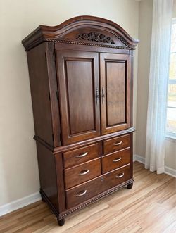Ornate Wood Armoire with Drawers and Cabinet
