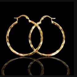18K Italian Gold Filled Diamond Cut Hoop Earrings 2 Sizes Available 1 1/2 &  3 Inch 