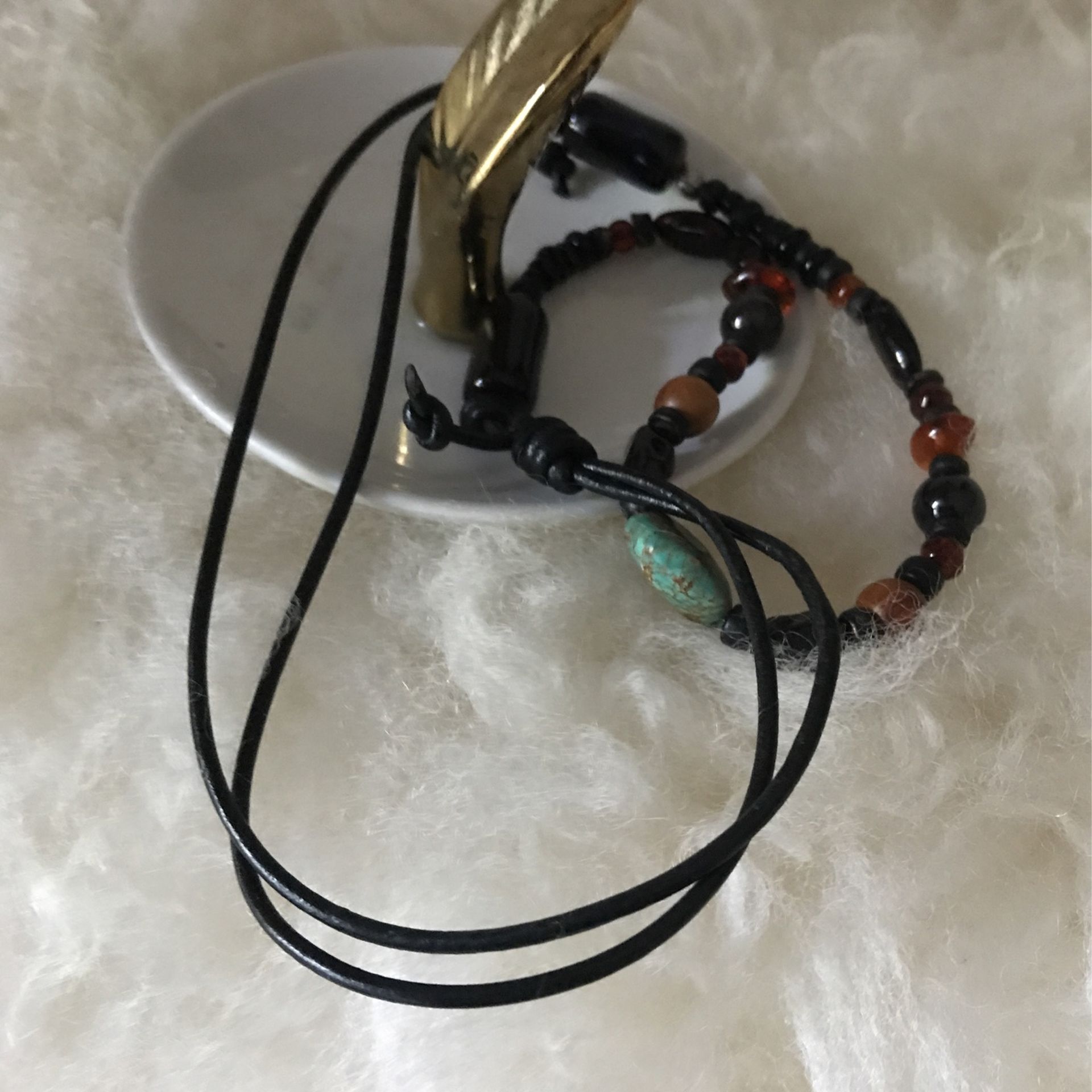 Vintage Real Turquoises Stone, Amber, Onyx And Another Semiprecious Stones Adjustable Necklace.