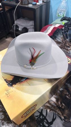 Brand new Brito cowboy hat felt grey with rooster feathers still in plastic